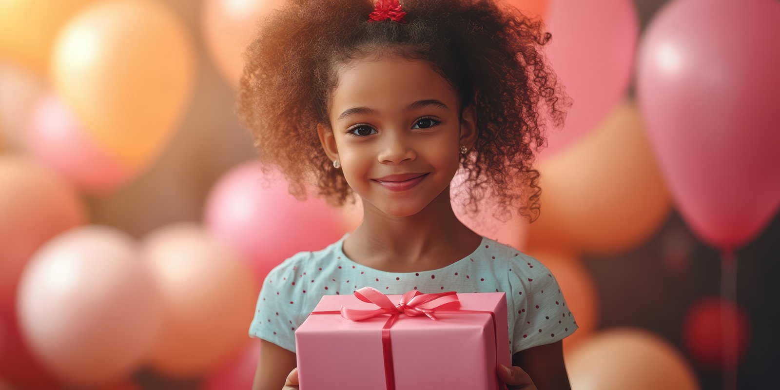 Girl holding a pink gift in a festive setting filled with colorful balloons during a birthday celebration
